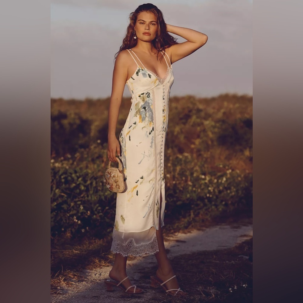Anthropologie Cream Floral-Accent Midi Dress